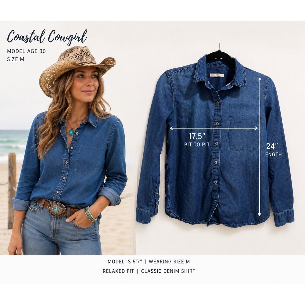 7 for all mankind Indigo Chambray Shirt Size M Easy Western Coastal Cowgirl